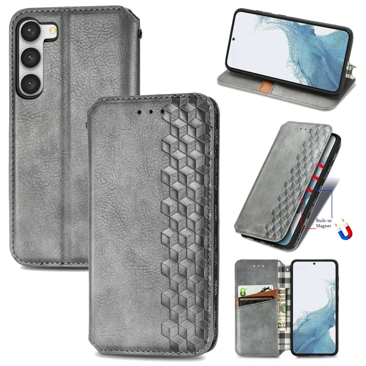 For Samsung Galaxy S23 Ultra 5G Cubic Grid Pressed Magnetic Leather Phone Case