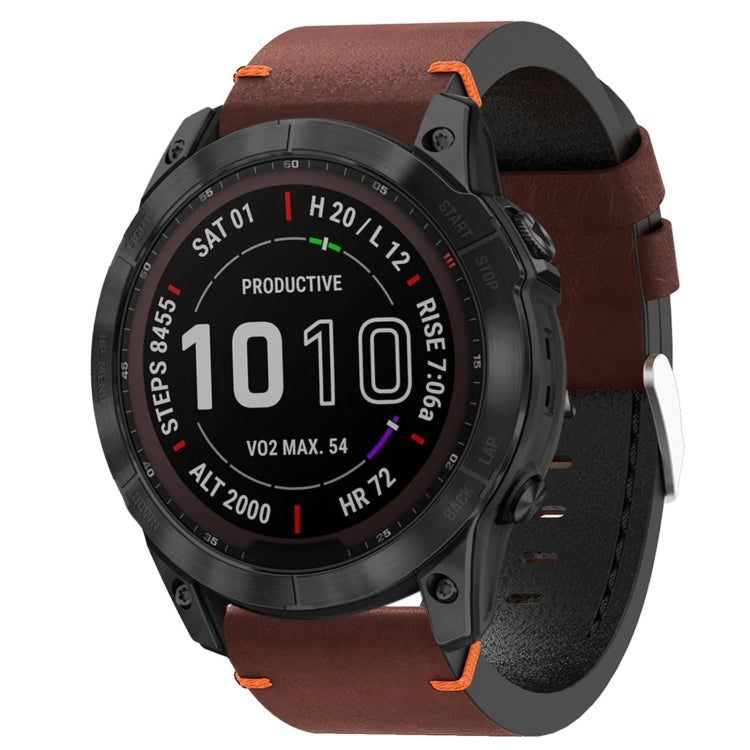 For Garmin Fenix 7X 26mm Leather Suture Steel Buckle Watch Band