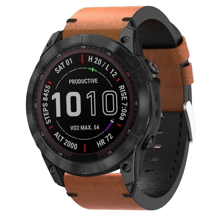 For Garmin Fenix 7X 26mm Leather Suture Steel Buckle Watch Band