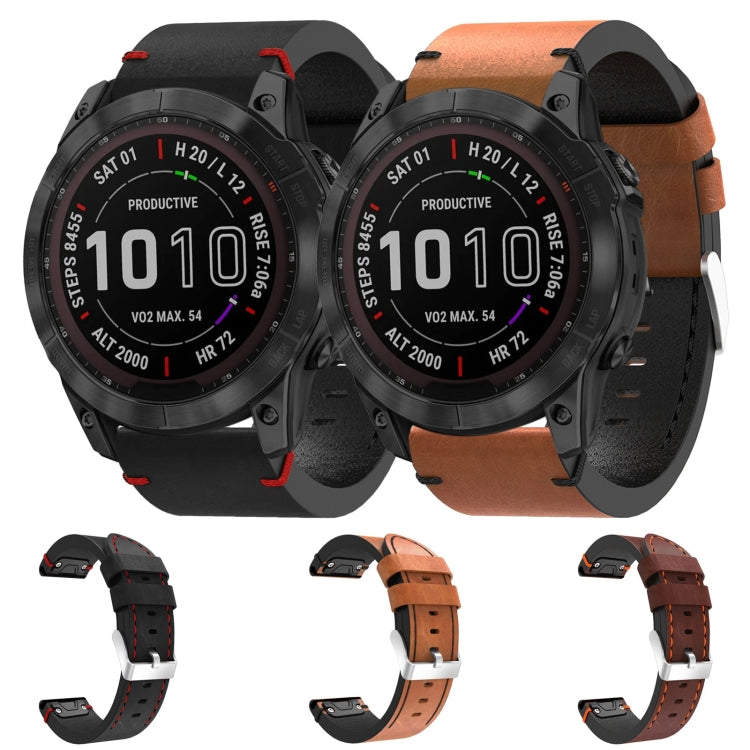 For Garmin Fenix 7X 26mm Leather Suture Steel Buckle Watch Band