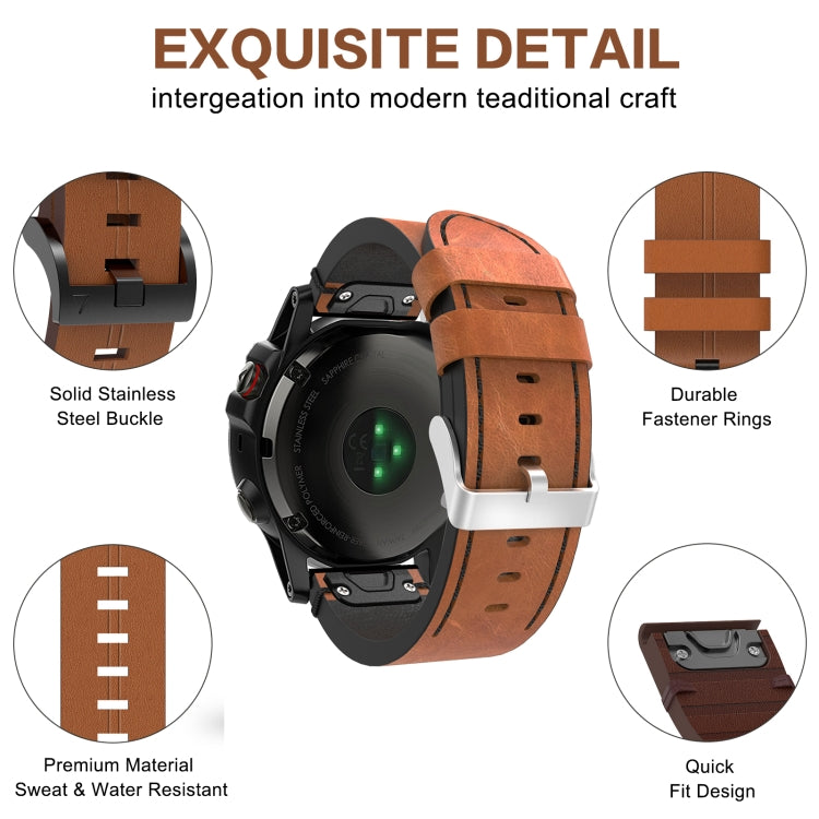 For Garmin Fenix 7X 26mm Leather Suture Steel Buckle Watch Band