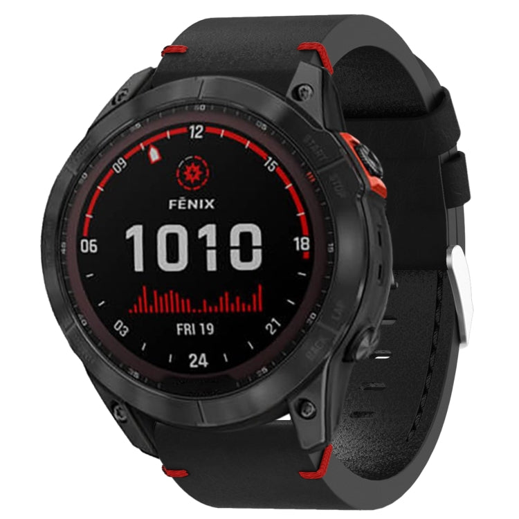For Garmin Fenix 7X Solar 26mm Leather Suture Steel Buckle Watch Band