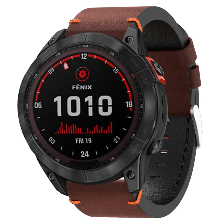 For Garmin Fenix 7X Solar 26mm Leather Suture Steel Buckle Watch Band