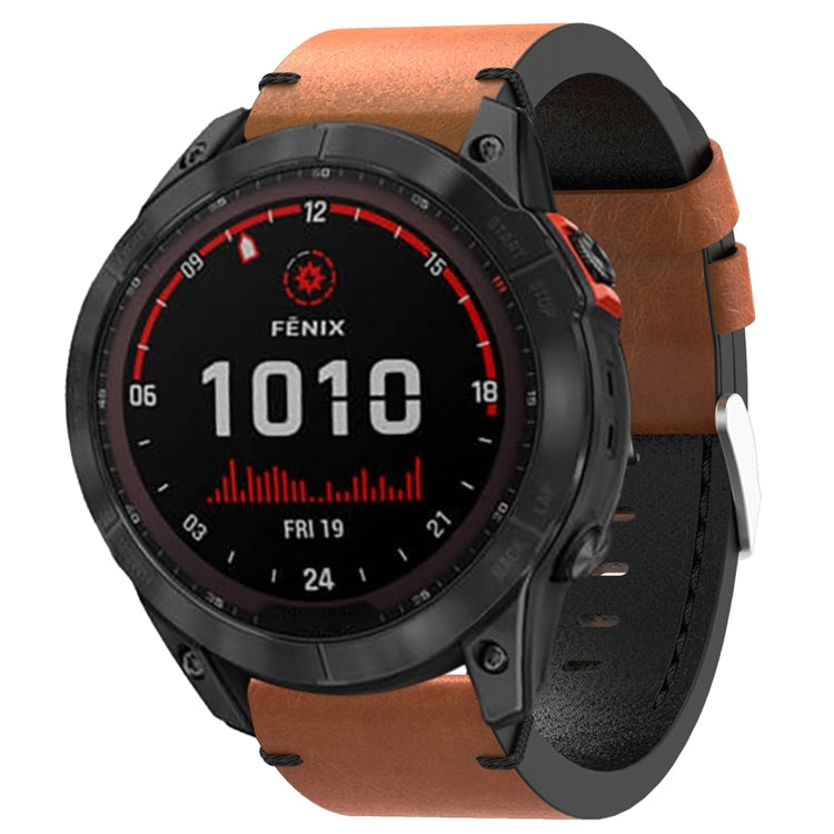 For Garmin Fenix 7X Solar 26mm Leather Suture Steel Buckle Watch Band