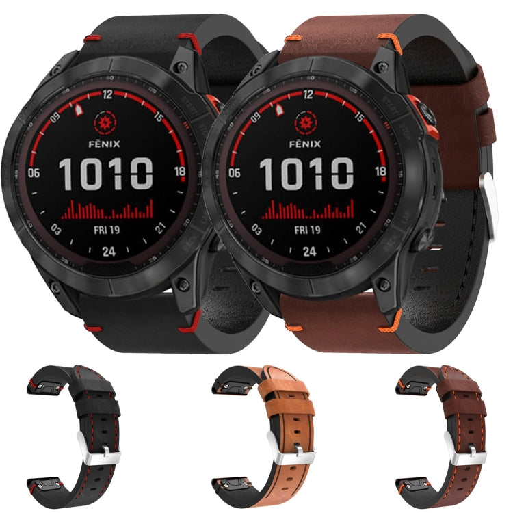 For Garmin Fenix 7X Solar 26mm Leather Suture Steel Buckle Watch Band