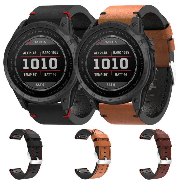 For Garmin Tactix 7 26mm Leather Suture Steel Buckle Watch Band