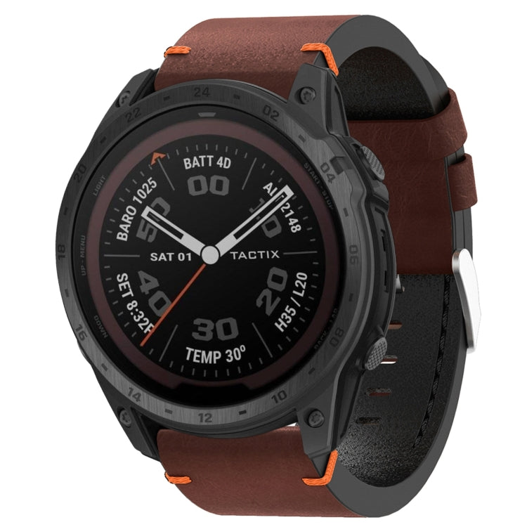 For Garmin Tactix 7Pro 26mm Leather Suture Steel Buckle Watch Band(Coffee)