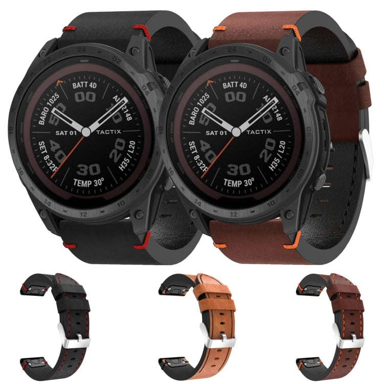 For Garmin Tactix 7Pro 26mm Leather Suture Steel Buckle Watch Band(Coffee)