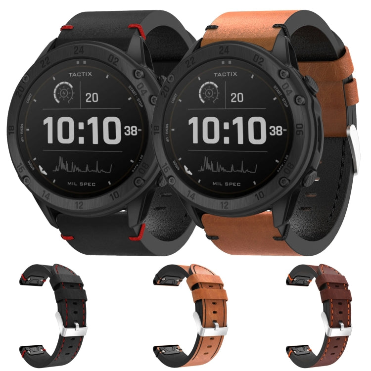 For Garmin Tactix Delta 26mm Leather Suture Steel Buckle Watch Band(Brown)