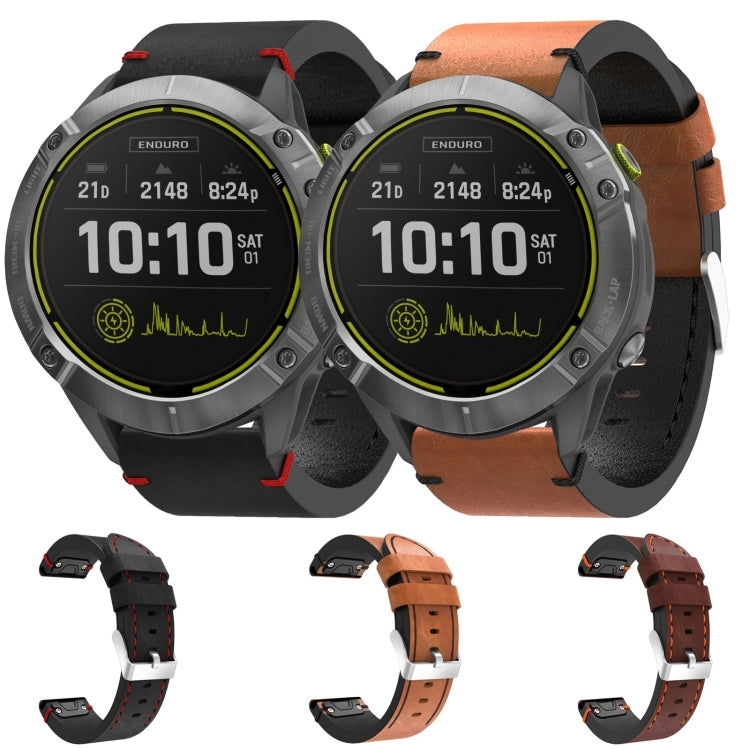 For Garmin Enduro 26mm Leather Suture Steel Buckle Watch Band(Black)