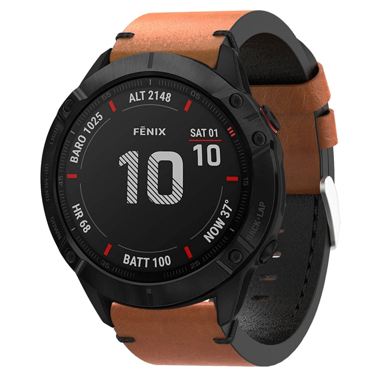 For Garmin Fenix 6X 26mm Leather Suture Steel Buckle Watch Band