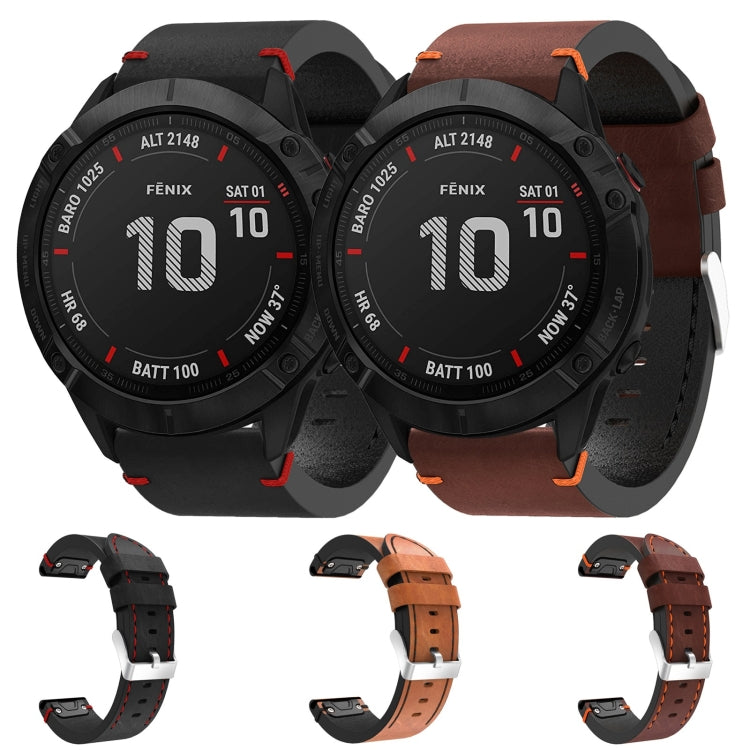 For Garmin Fenix 6X 26mm Leather Suture Steel Buckle Watch Band