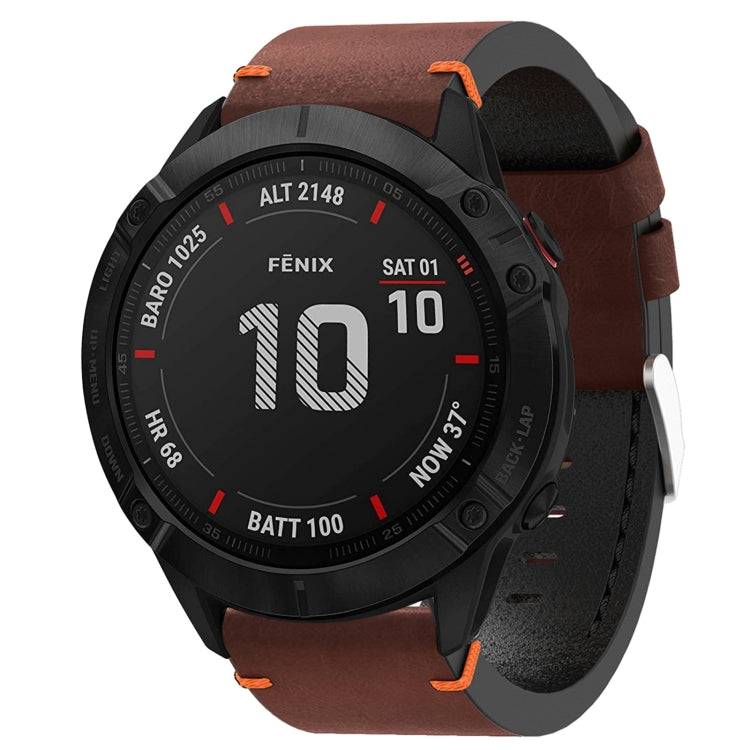 For Garmin Fenix 6X Pro 26mm Leather Suture Steel Buckle Watch Band