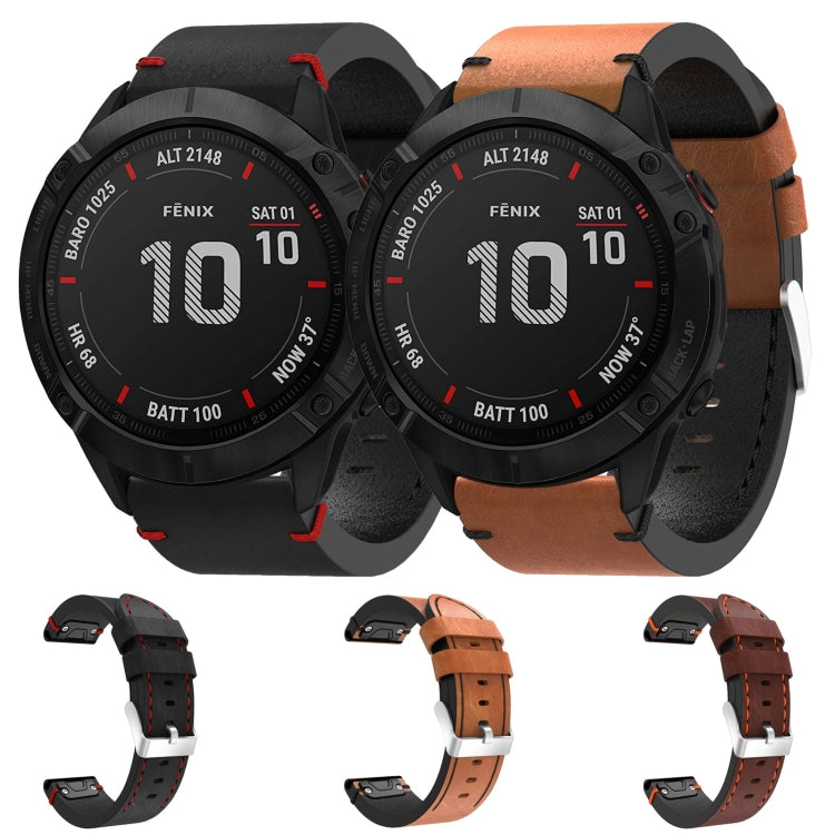 For Garmin Fenix 6X Pro 26mm Leather Suture Steel Buckle Watch Band