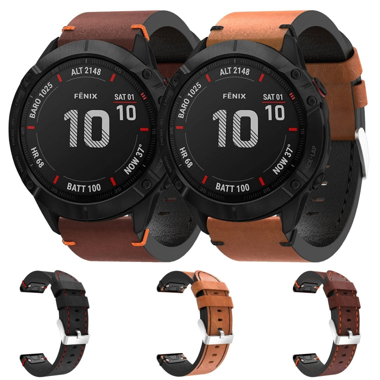For Garmin Fenix 6X Sapphire 26mm Leather Suture Steel Buckle Watch Band