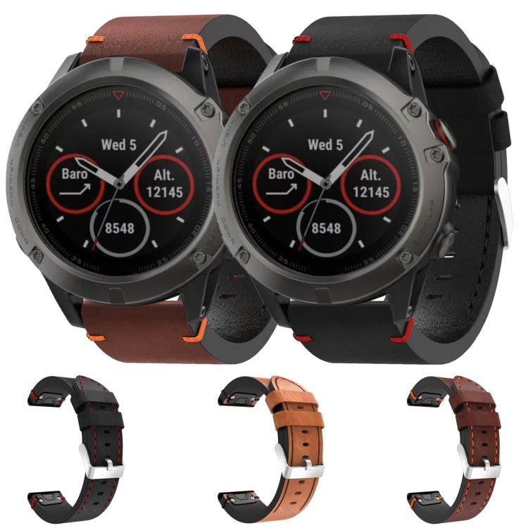 For Garmin Fenix 5X Sapphire 26mm Leather Suture Steel Buckle Watch Band(Brown)