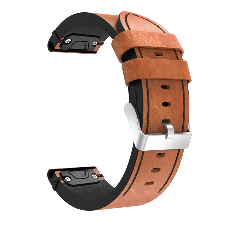 For Garmin Fenix 5X Plus 26mm Leather Suture Steel Buckle Watch Band(Brown)