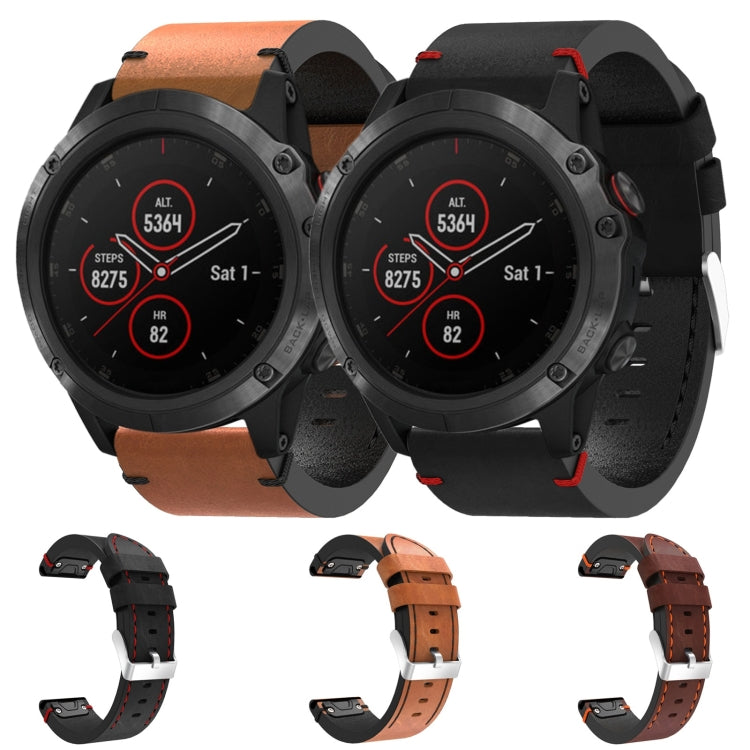 For Garmin Fenix 5X Plus 26mm Leather Suture Steel Buckle Watch Band(Brown)