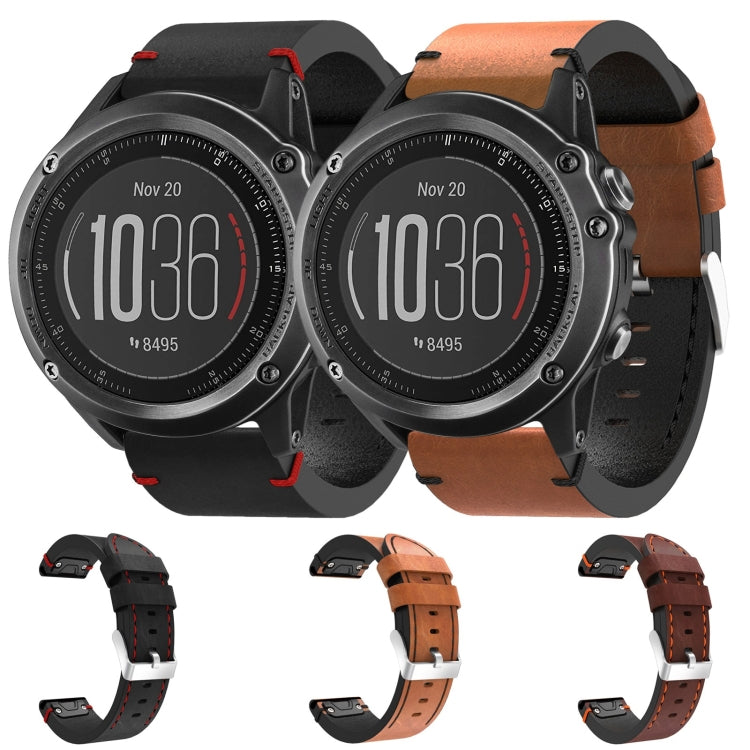 For Garmin Fenix 3 26mm Leather Suture Steel Buckle Watch Band(Brown)