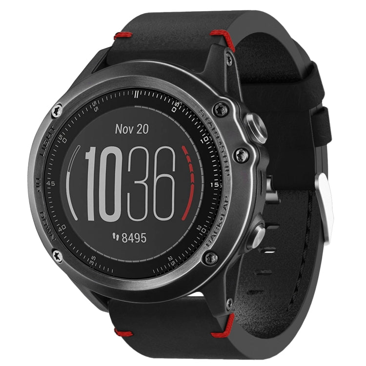 For Garmin Fenix 3 HR 26mm Leather Suture Steel Buckle Watch Band(Black)