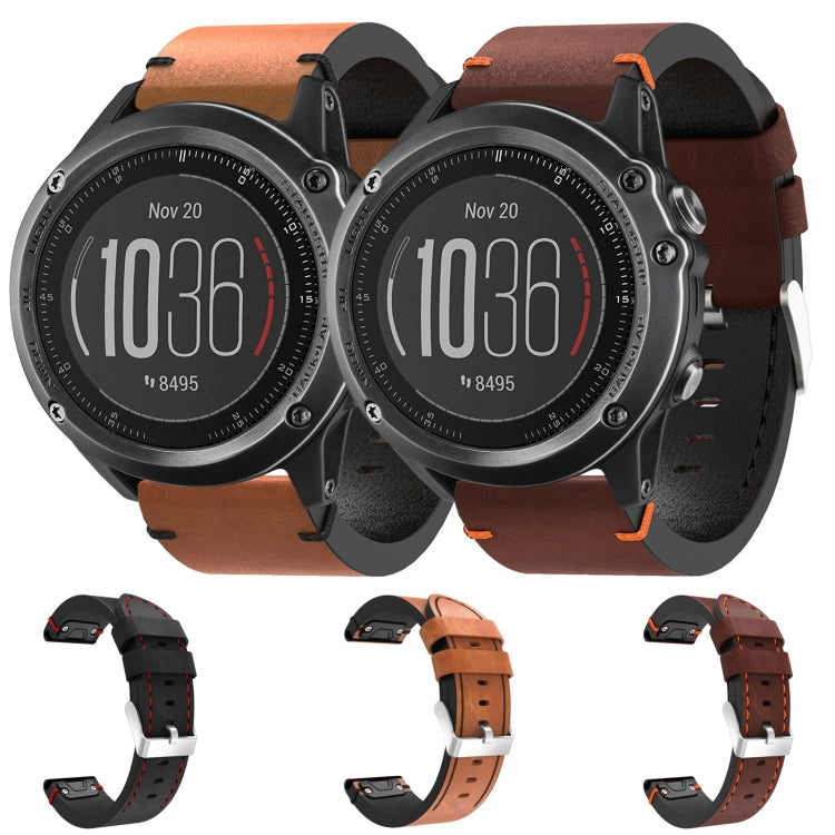 For Garmin Fenix 3 HR 26mm Leather Suture Steel Buckle Watch Band(Black)