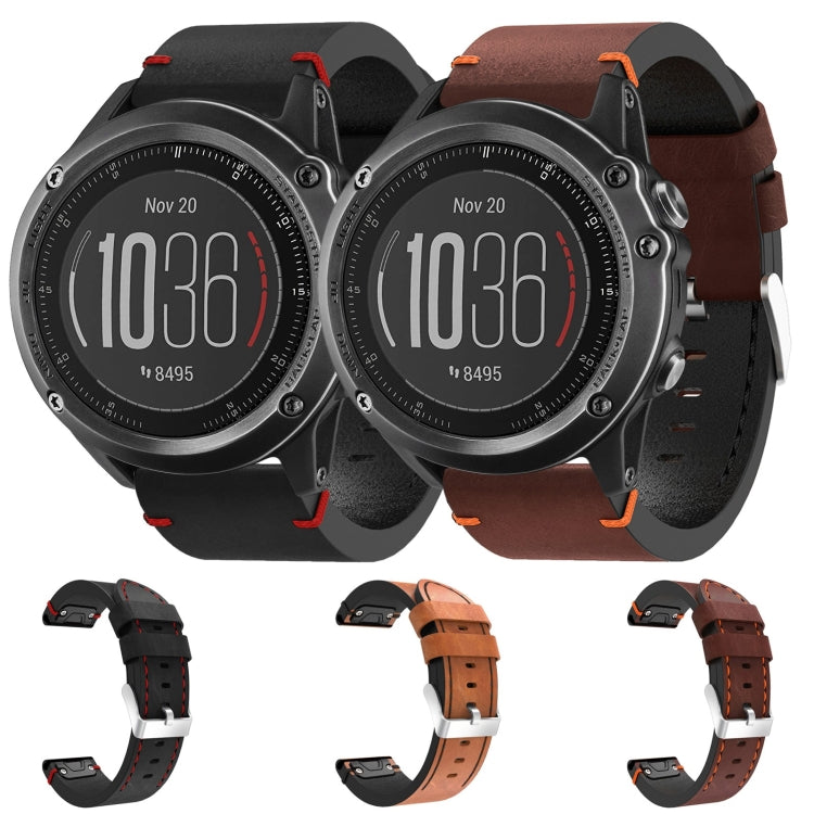For Garmin Fenix 3 Sapphire 26mm Leather Suture Steel Buckle Watch Band