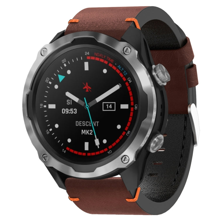 For Garmin Descent MK 2 26mm Leather Suture Steel Buckle Watch Band