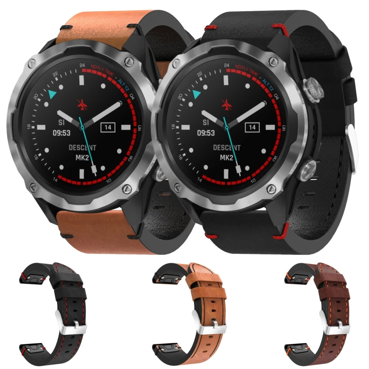 For Garmin Descent MK 2 26mm Leather Suture Steel Buckle Watch Band