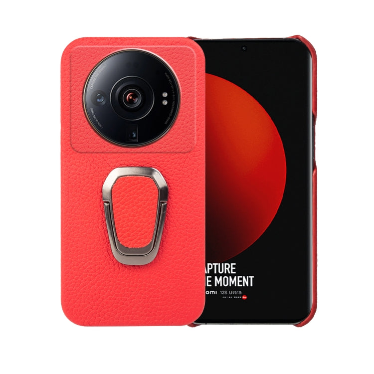 For Xiaomi 12 Ultra / 12S Ultra Ring Holder Litchi Texture Genuine Leather Phone Case