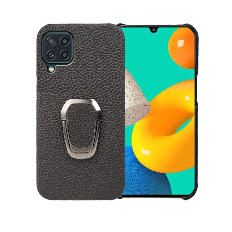 For Samsung Galaxy M32 Ring Holder Litchi Texture Genuine Leather Phone Case