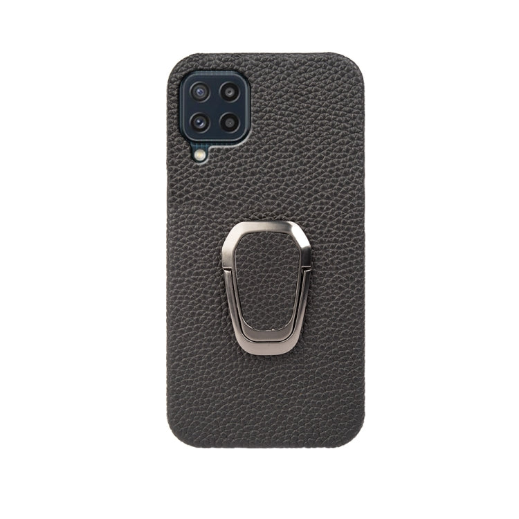 For Samsung Galaxy M32 Ring Holder Litchi Texture Genuine Leather Phone Case