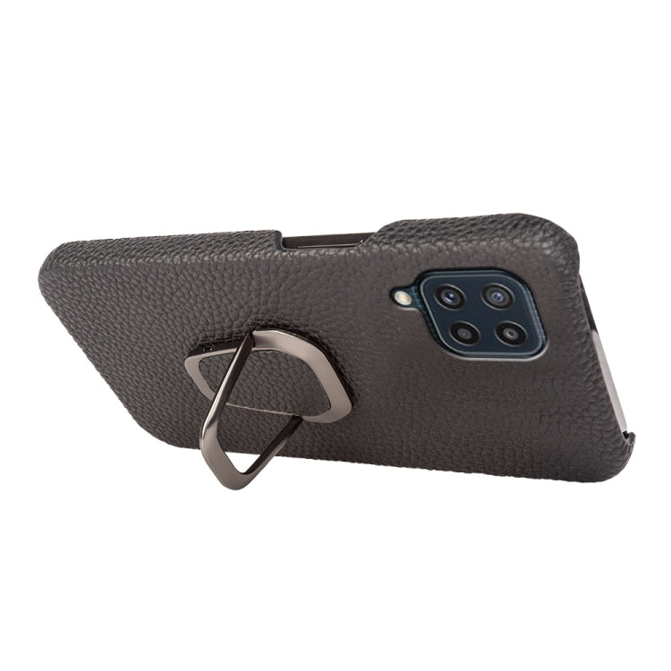 For Samsung Galaxy M32 Ring Holder Litchi Texture Genuine Leather Phone Case