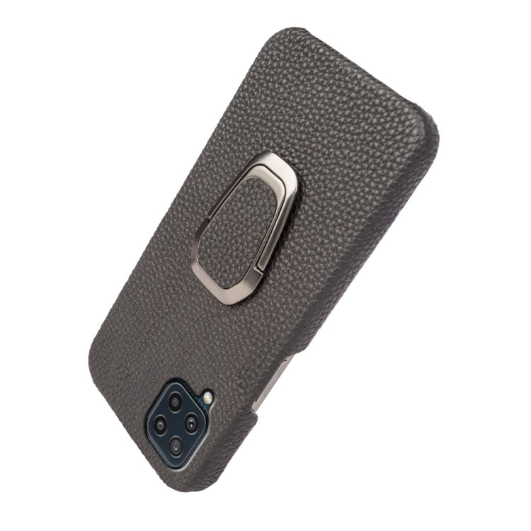 For Samsung Galaxy M32 Ring Holder Litchi Texture Genuine Leather Phone Case