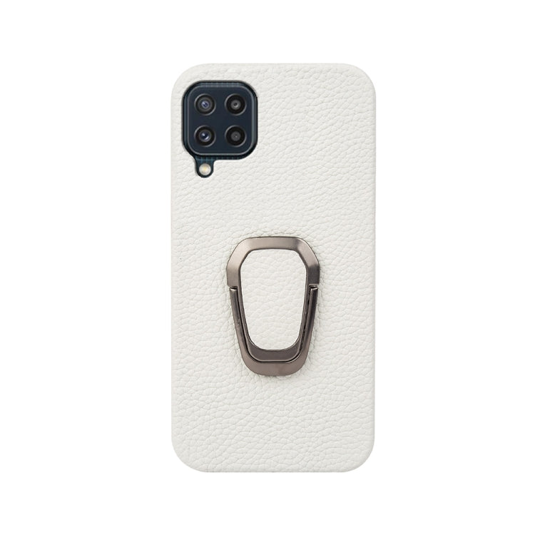 For Samsung Galaxy M32 Ring Holder Litchi Texture Genuine Leather Phone Case
