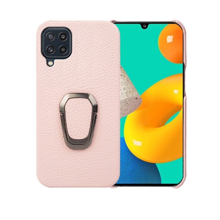 For Samsung Galaxy M32 Ring Holder Litchi Texture Genuine Leather Phone Case