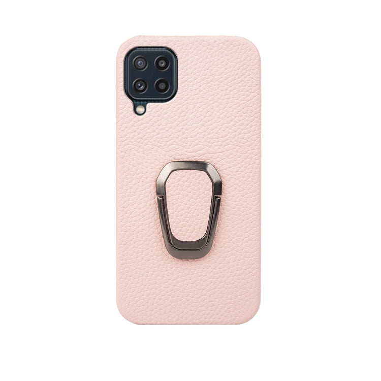 For Samsung Galaxy M32 Ring Holder Litchi Texture Genuine Leather Phone Case