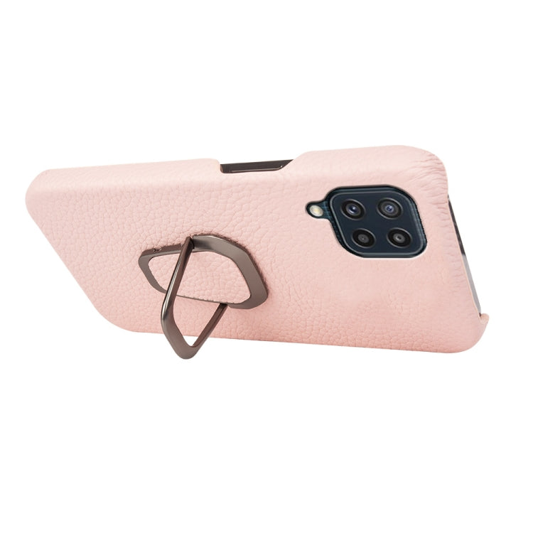 For Samsung Galaxy M32 Ring Holder Litchi Texture Genuine Leather Phone Case