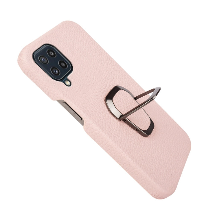 For Samsung Galaxy M32 Ring Holder Litchi Texture Genuine Leather Phone Case