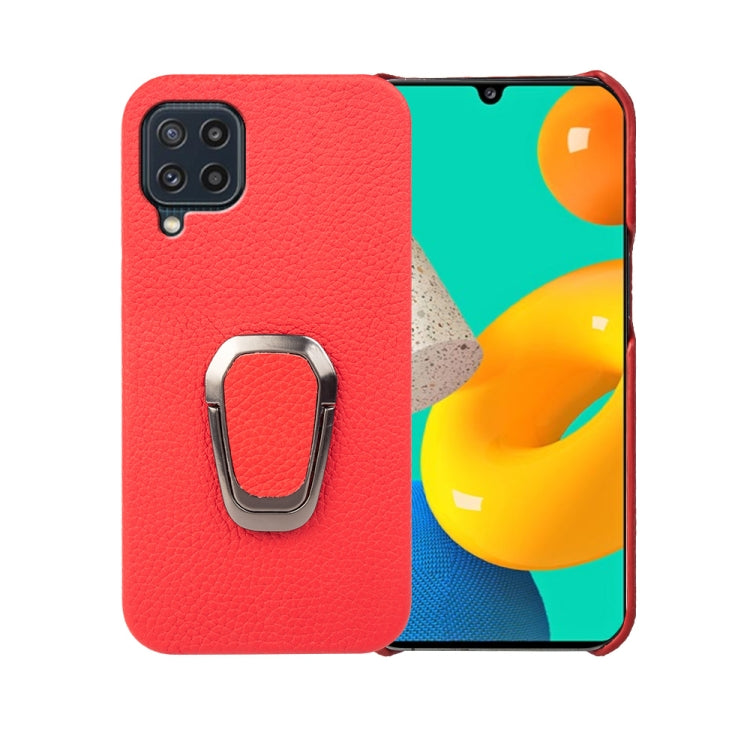 For Samsung Galaxy M32 Ring Holder Litchi Texture Genuine Leather Phone Case