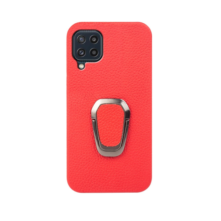 For Samsung Galaxy M32 Ring Holder Litchi Texture Genuine Leather Phone Case