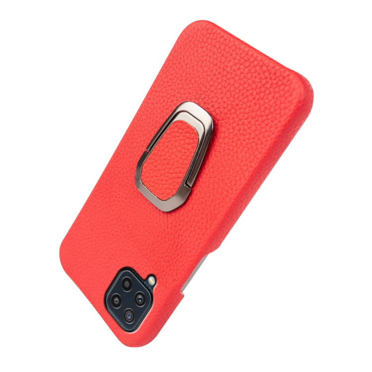 For Samsung Galaxy M32 Ring Holder Litchi Texture Genuine Leather Phone Case