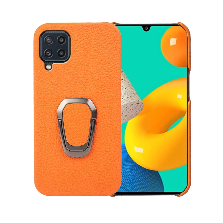 For Samsung Galaxy M32 Ring Holder Litchi Texture Genuine Leather Phone Case