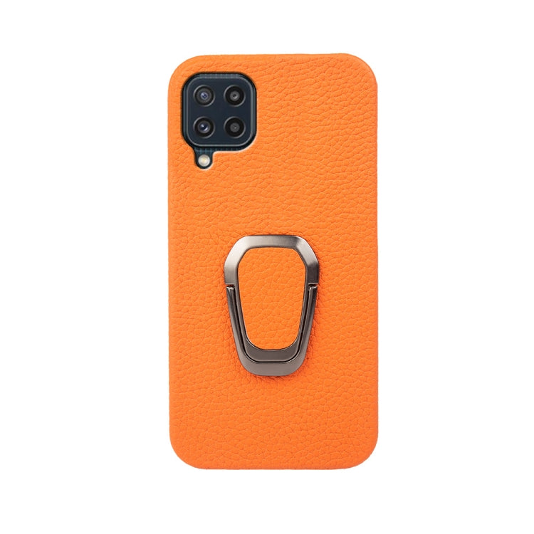 For Samsung Galaxy M32 Ring Holder Litchi Texture Genuine Leather Phone Case