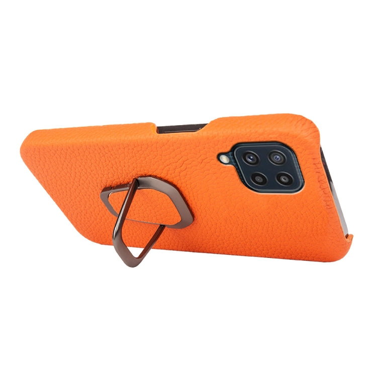 For Samsung Galaxy M32 Ring Holder Litchi Texture Genuine Leather Phone Case