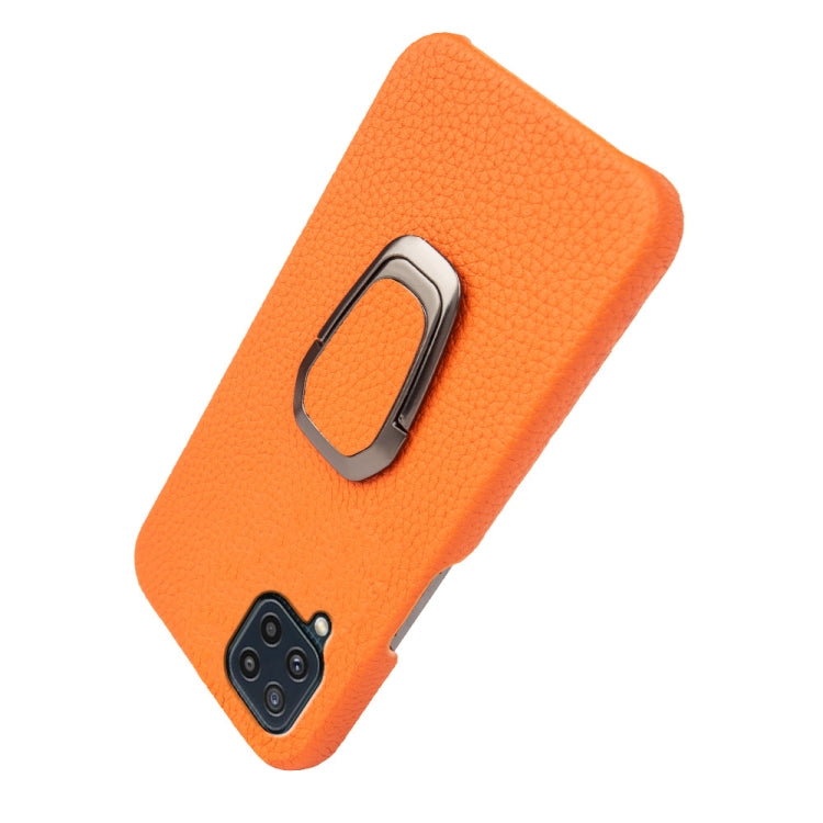 For Samsung Galaxy M32 Ring Holder Litchi Texture Genuine Leather Phone Case