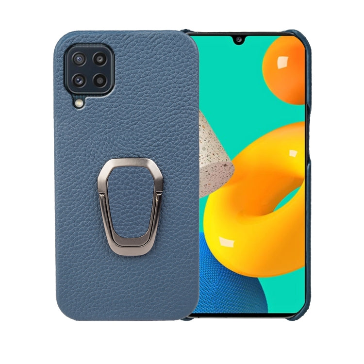 For Samsung Galaxy M32 Ring Holder Litchi Texture Genuine Leather Phone Case