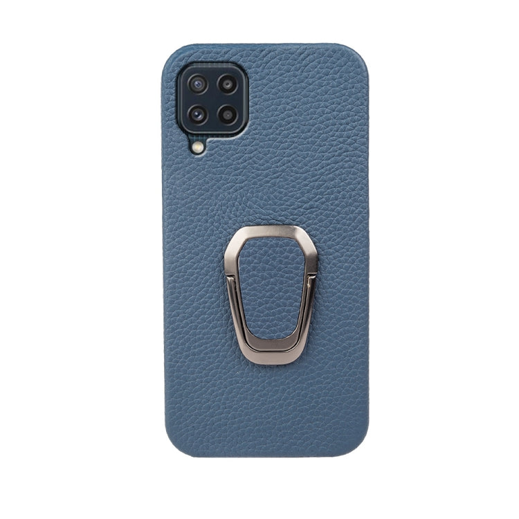 For Samsung Galaxy M32 Ring Holder Litchi Texture Genuine Leather Phone Case