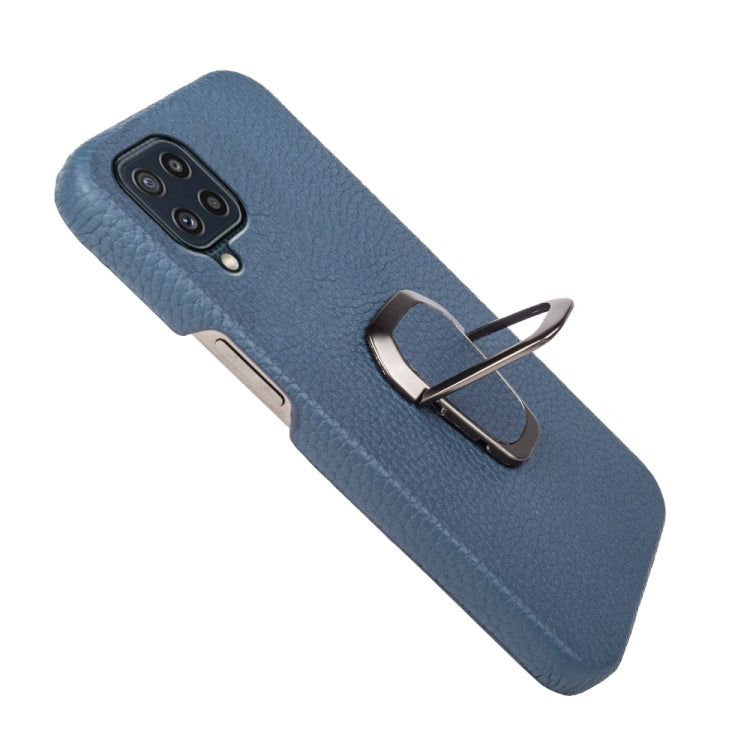 For Samsung Galaxy M32 Ring Holder Litchi Texture Genuine Leather Phone Case