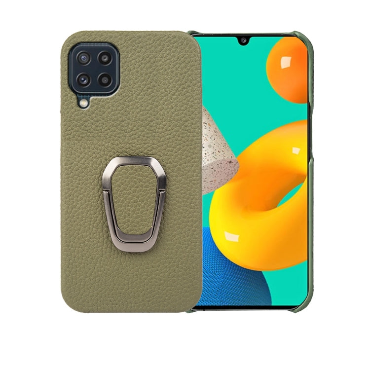 For Samsung Galaxy M32 Ring Holder Litchi Texture Genuine Leather Phone Case