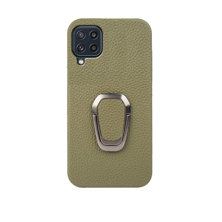 For Samsung Galaxy M32 Ring Holder Litchi Texture Genuine Leather Phone Case